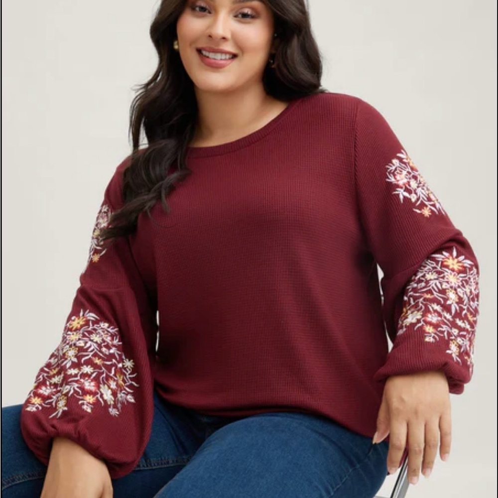 BloomChic Burgundy waffle knit embroidered lantern sleeve top sz  10 NEW